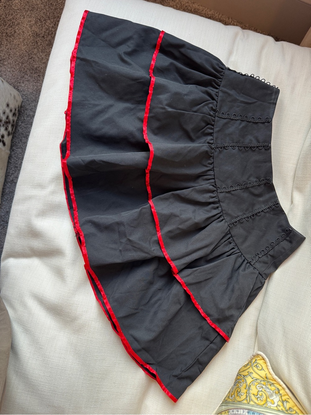 Black Cotton Mini Skirt with Red Ribbon Trim